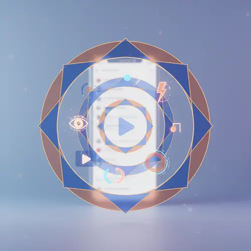מנדלה גאומטרית כחולה וזהובה עם טלפון חכם המציג כפתור פליי ואייקונים דיגיטליים