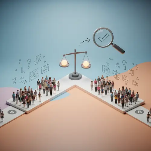 איור A/B testing, השוואת קבוצות A ו-B, מאזניים לניתוח נתונים וזכוכית מגדלת לאופטימיזציה