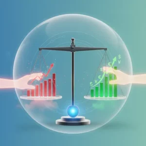 מאזני איזון עם גרפים פיננסיים אדומים וירוקים, מטבעות וידיים מאזנות בתוך בועה